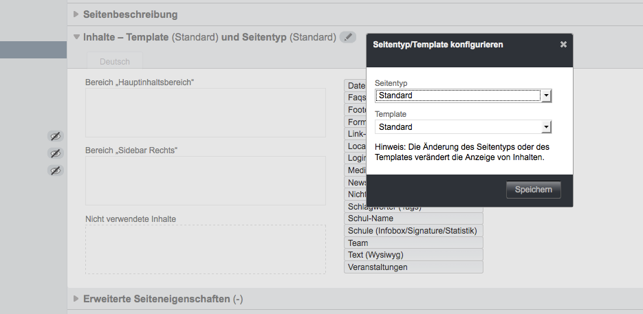 Bildschirmfoto von Seitentyp und Template konfigurieren